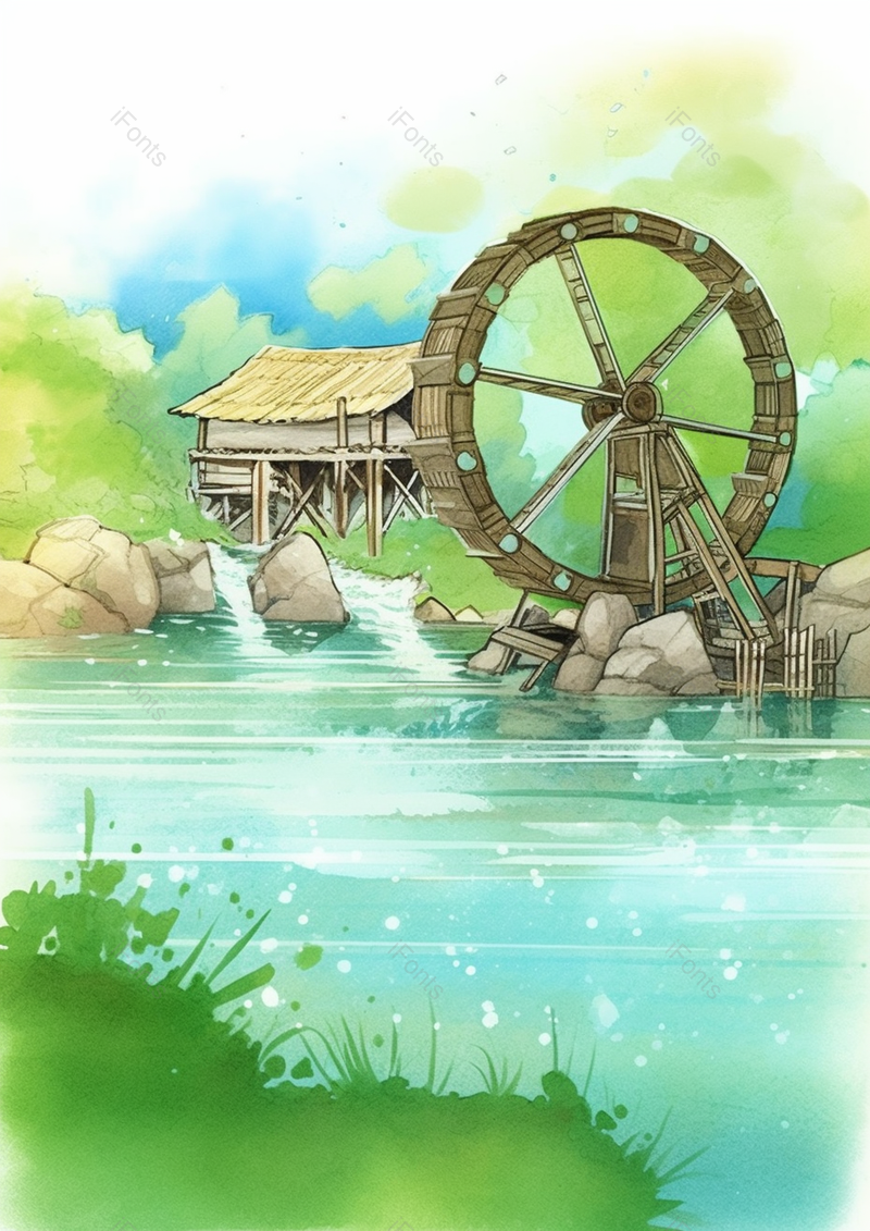 小清新农家水车池塘插画背景,插画/手绘图,插画/手绘图库,插画/手绘图下载,插画/手绘